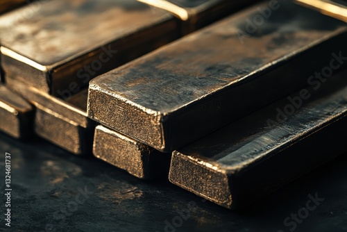 Golden bars rest in a closeup view, showcasing their smooth, reflective surfaces and sturdy shapes, A close-up view over a stack of unmarked and unbranded solid gold bullion bars gleaming in the