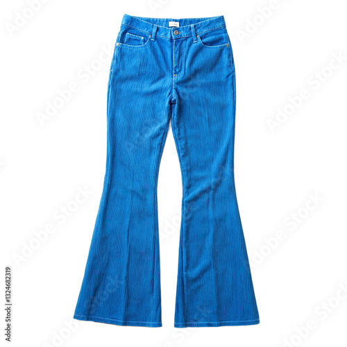 Fashion forward blue corduroy bell bottoms with wide flared hems showcasing a thick ribbed texture Perfect for a retro style statement