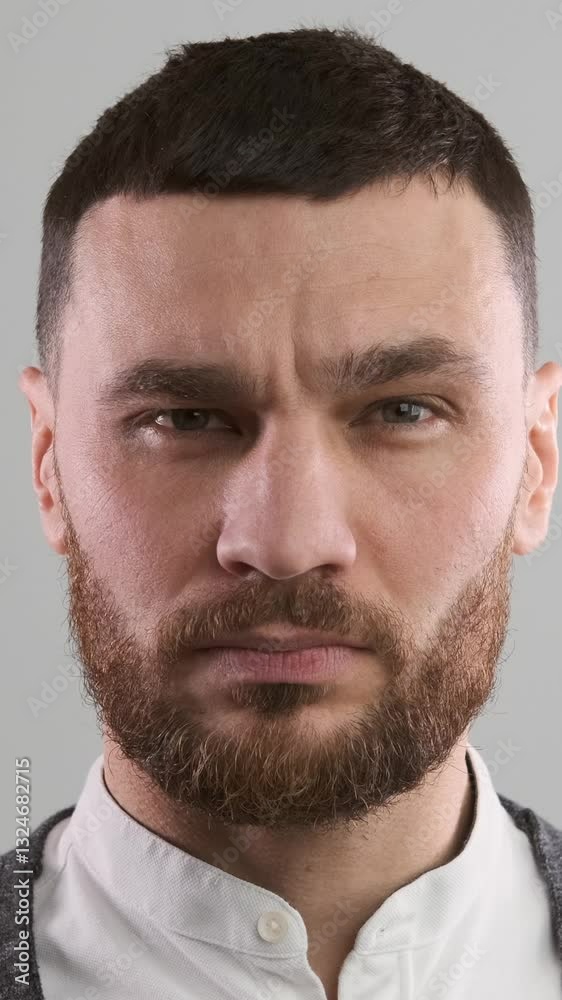 Close up portrait of a dangerous and focused man on a white background. Reflective, thoughtful, and concentrated expression revealing intensity and determination. Vertical video. Close up portrait of a dangerous and focused man on a white background. Reflective, thoughtful, and concentrated expression revealing intensity and determination. Vertical video.