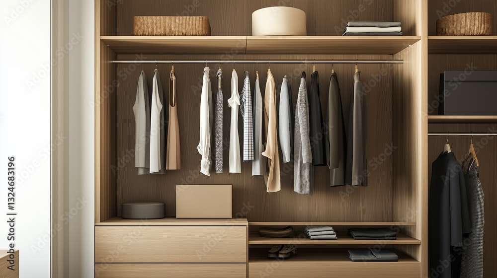 Modern wardrobe organization with neatly arranged clothing and accessories in a minimalist design Modern wardrobe organization with neatly arranged clothing and accessories in a minimalist design