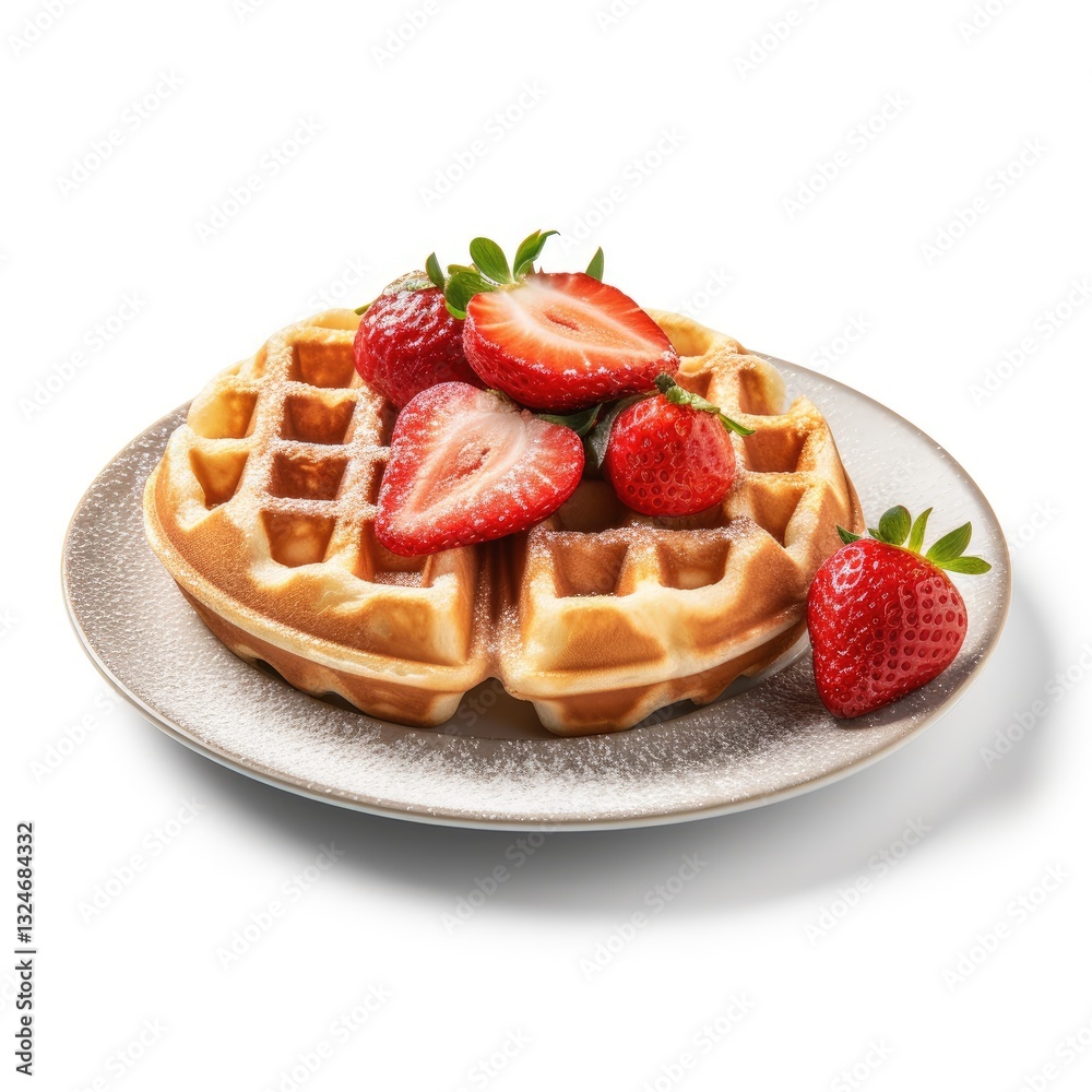 A Plate of Waffles with Fresh Strawberries and Powdered Sugar A Plate of Waffles with Fresh Strawberries and Powdered Sugar