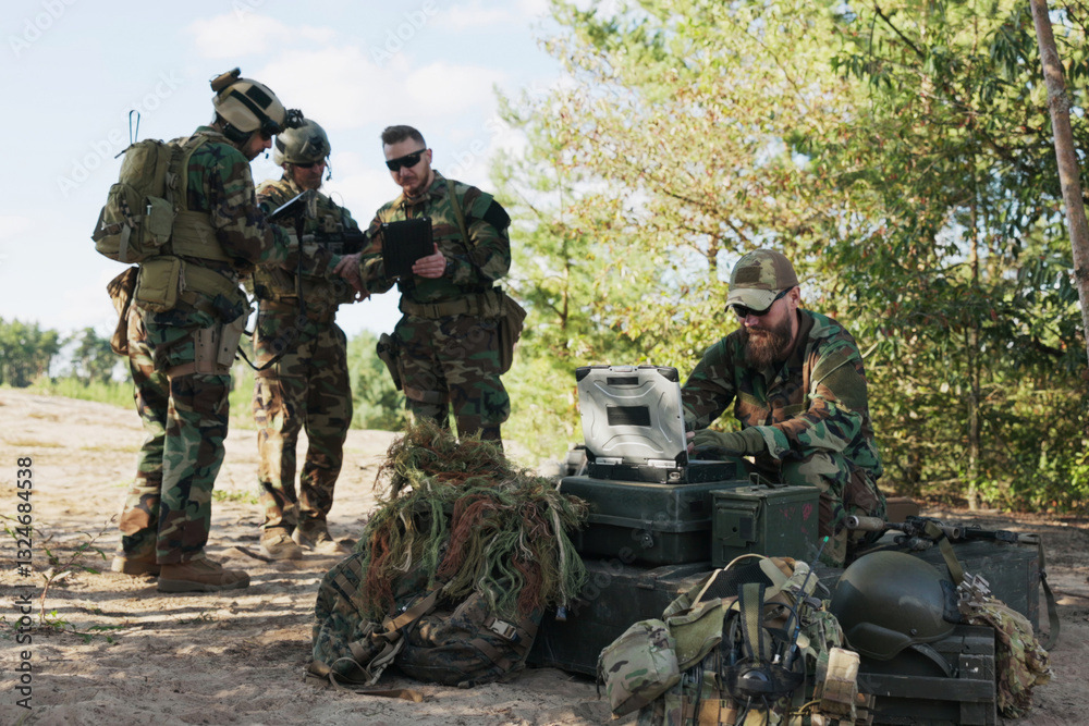 A military unit sets up strategy for today's action, preparing equipment and clothing for a forest mission, checking maps, entering data on the computer, and relaying updates to base. A military unit sets up strategy for today's action, preparing equipment and clothing for a forest mission, checking maps, entering data on the computer, and relaying updates to base.