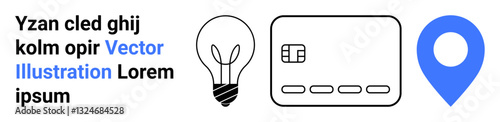 Lightbulb, credit card, and blue location icon beside sample text. Ideal for innovation, finance, navigation, technology, design branding and web graphic themes. Landing page