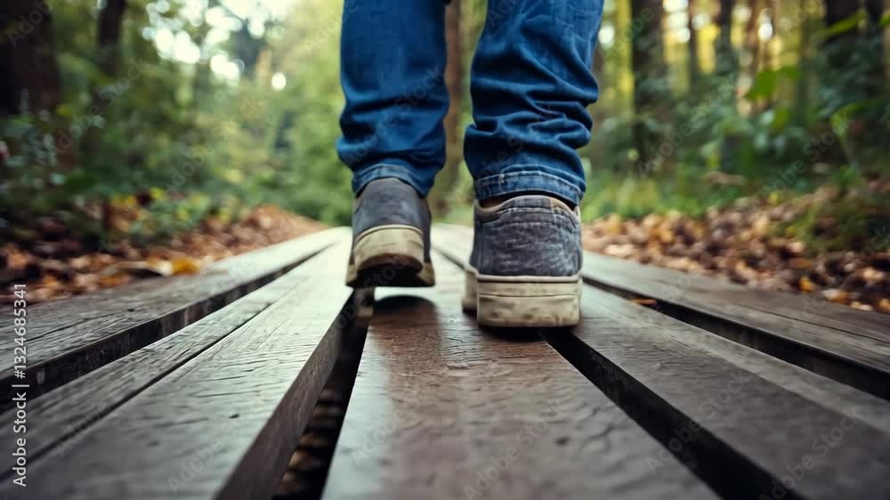 Person walking on wooden pathway through forest surrounded by trees and foliage during daytime Person walking on wooden pathway through forest surrounded by trees and foliage during daytime