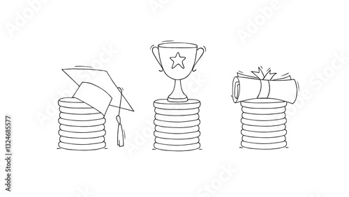 Invest money in education. Icons set of tuition cost, scholarship, school grant. Vector hand drawn illustration with gold coins stack and graduation cap, cup, diploma.