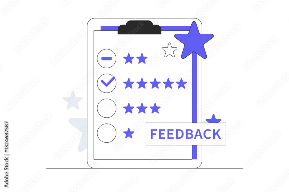 Naklejka premium Evaluation and Feedback. Business giving feedback five-star rating. Ideal for customer feedback, reviews, quality assurance, client satisfaction. Flat Cartoon Vector Illustration, icon. Stylish web