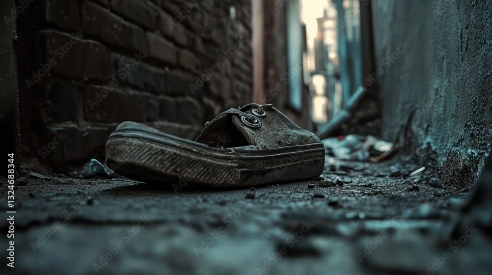 An abandoned and worn shoe is placed in a city alleyway