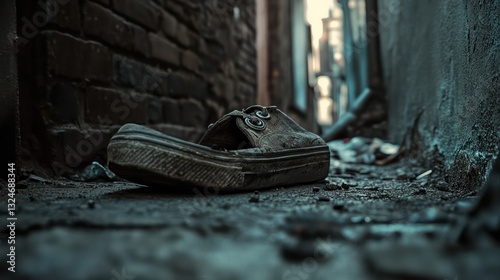Obraz na płótnie An abandoned and worn shoe is placed in a city alleyway w salonie