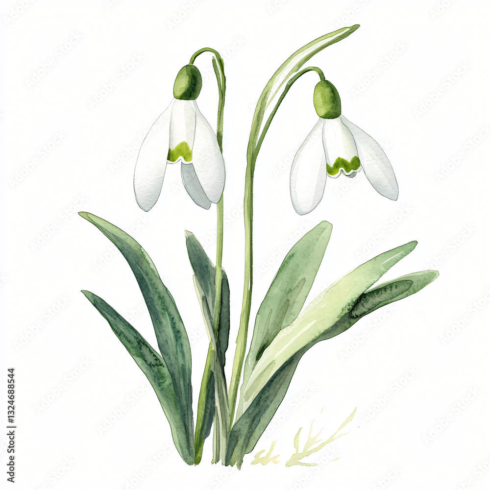 Obraz premium Watercolor hand-painted Snowdrop branch with leaves painting illustration isolated on a white background, illustration, AI painting design, AI