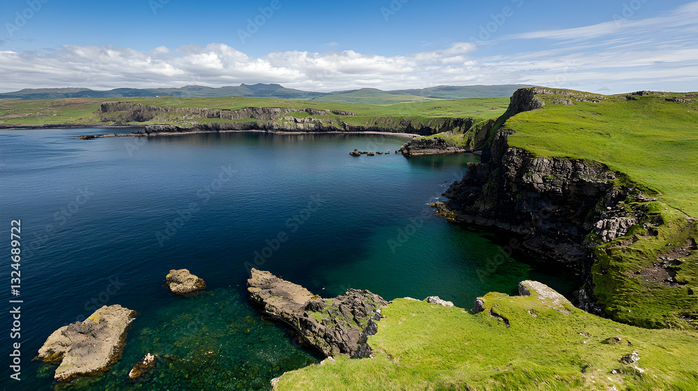 Obraz premium Aerial View of Rocky Coastal Landscape with Green Vegetation and Blue Ocean Water Under Bright Sunlight