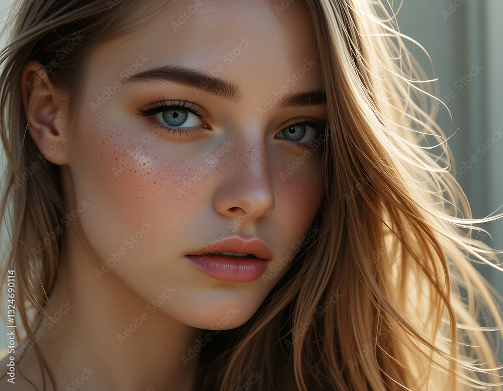 Obraz premium A hyper-realistic portrait of a woman with long, flowing hair, standing in soft natural light.