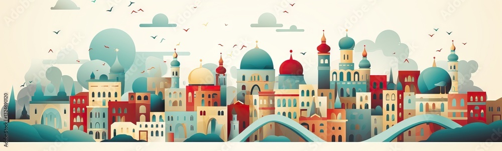 A Vibrant Cityscape with a Mix of Architectural Styles and Colorful Domes A Vibrant Cityscape with a Mix of Architectural Styles and Colorful Domes