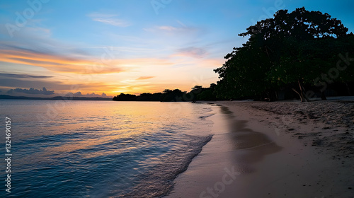 Golden Sunset Over Calm Ocean Waves Reflecting Sky Colors And Silhouetted Trees At Coastline