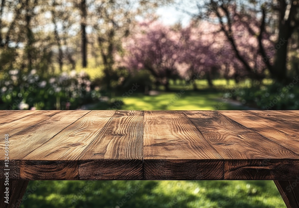 Naklejka premium Rustic Wooden Table in a Serene Garden Setting with Blossoming Trees and Lush Greenery in Soft Focus Background