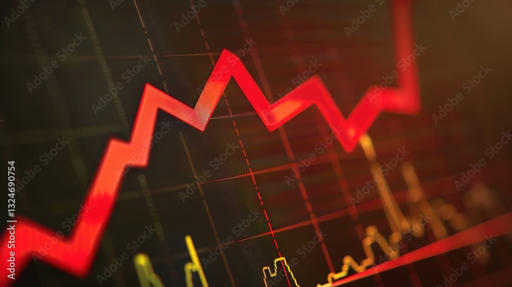 Close-up of a downward arrow graph on a digital screen with financial charts, symbolizing an earnings miss, financial decline, and market analysis concepts.