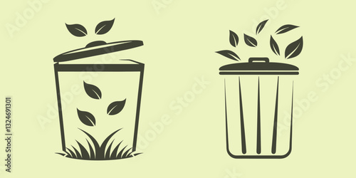 a minimalist compost bin with leaves growing out, showing organic waste recycling set
