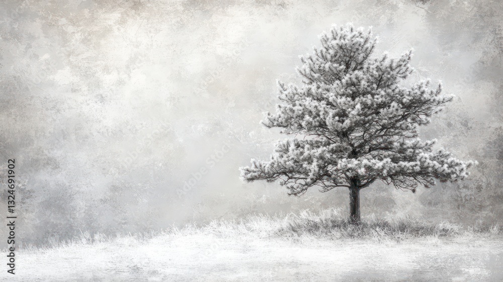 A solitary frosted tree stands peacefully in a snowy winter landscape