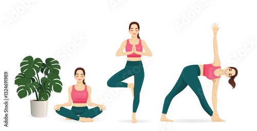Young beautiful woman practicing yoga in different poses. Isolated vector illustration set