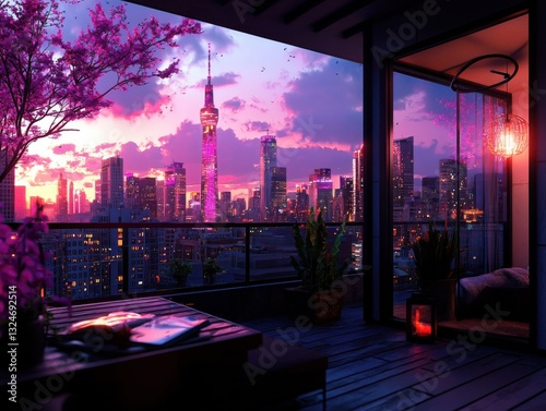 Experience the magic of a rooftop view of a glowing downtown skyline at midnight Witness the vibrant city lights sparkle against the dark canvas of the night sky from your urban oasis This stunning
