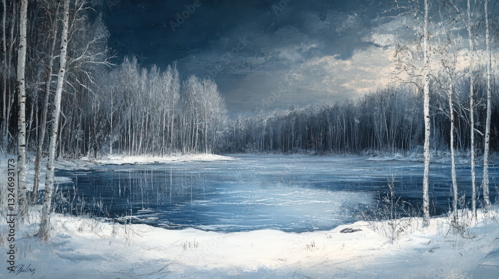A beautiful winter landscape showcasing a frozen lake and trees