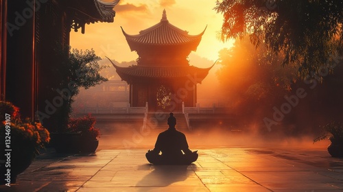 A kung fu master meditating in a serene temple courtyard, mystical Asian