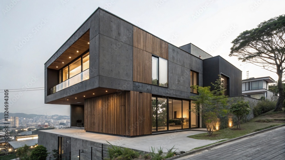 Anthracite House: Modern Architecture, Dark Cladding, Wood Accents, Minimalist Design, Contemporary Residence with Striking Facade. Anthracite House: Modern Architecture, Dark Cladding, Wood Accents, Minimalist Design, Contemporary Residence with Striking Facade.