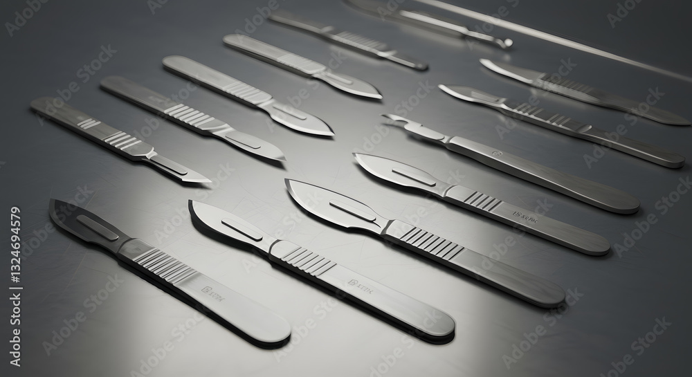 Medical Scalpel, Various surgical scalpels laid out on a metallic surface in a clinical setting Medical Scalpel, Various surgical scalpels laid out on a metallic surface in a clinical setting