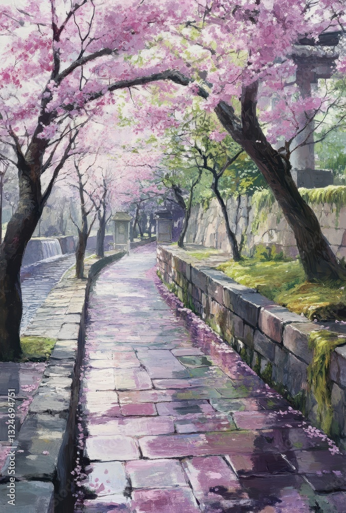 Serene Cherry Blossom Pathway with Reflections in Water, Capturing Tranquility and Natural Beauty in Spring Setting with Vibrant Pink Blooms Serene Cherry Blossom Pathway with Reflections in Water, Capturing Tranquility and Natural Beauty in Spring Setting with Vibrant Pink Blooms