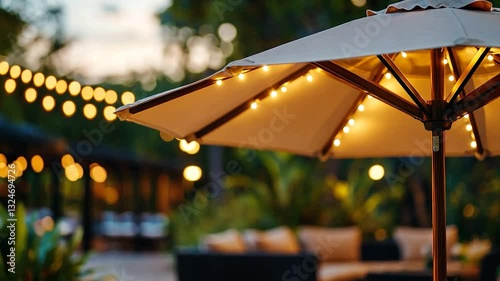 Outdoor patio at twilight, illuminated by string lights and umbrella