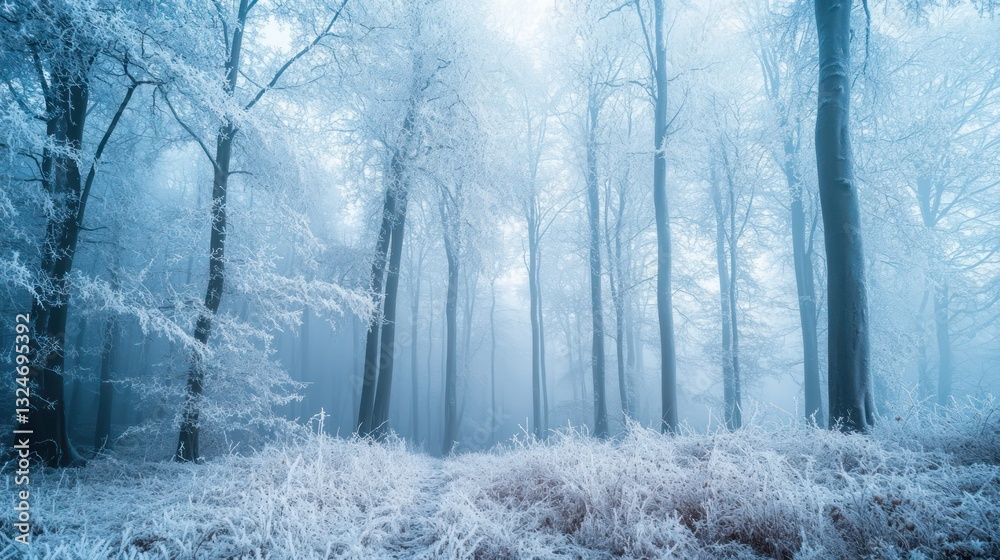 Naklejka premium A scenic view of a frosted forest in a misty winter season