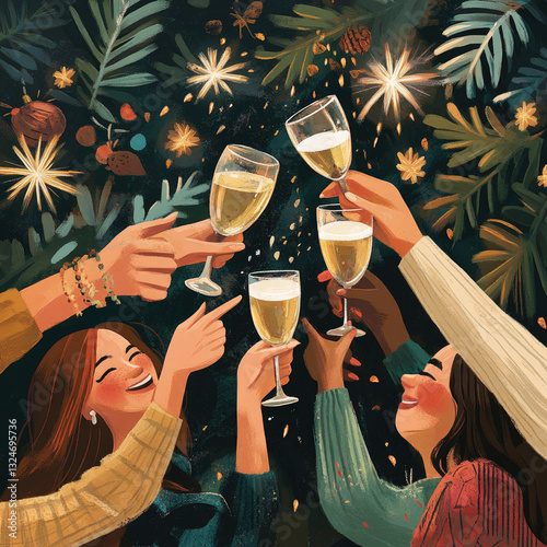 Toasting friends celebrate with champagne under festive greenery and shining lights