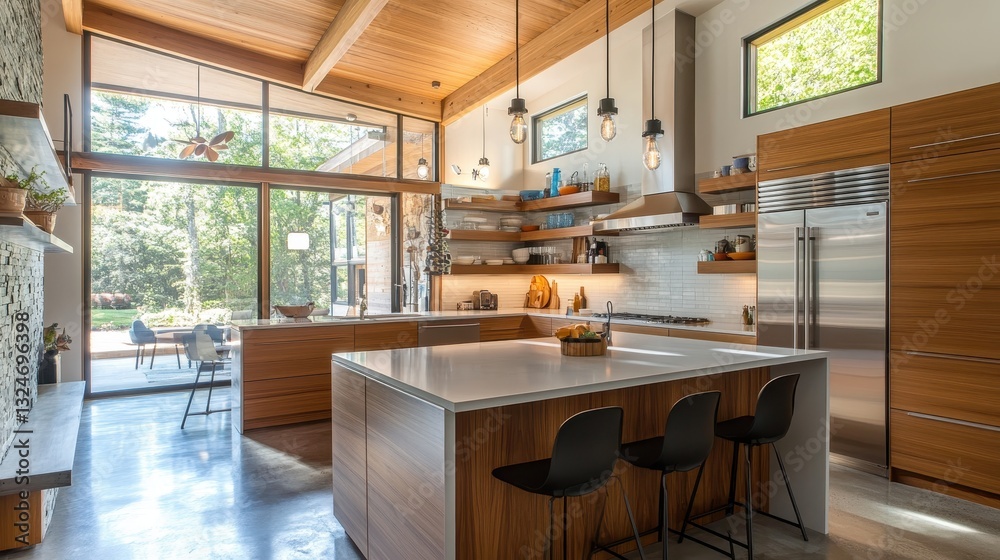 A modern kitchen with an open design and beautiful natural lighting A modern kitchen with an open design and beautiful natural lighting