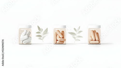 Three Clear Bottles With White Peach And Beige Capsules With Two Green Leaves On A White Background In Minimal Modern Clean Style