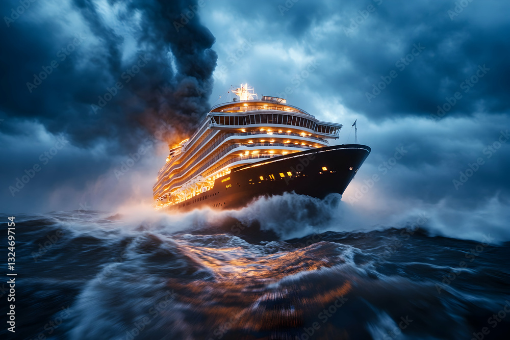 Fototapeta premium Cruise ship battling a storm at night