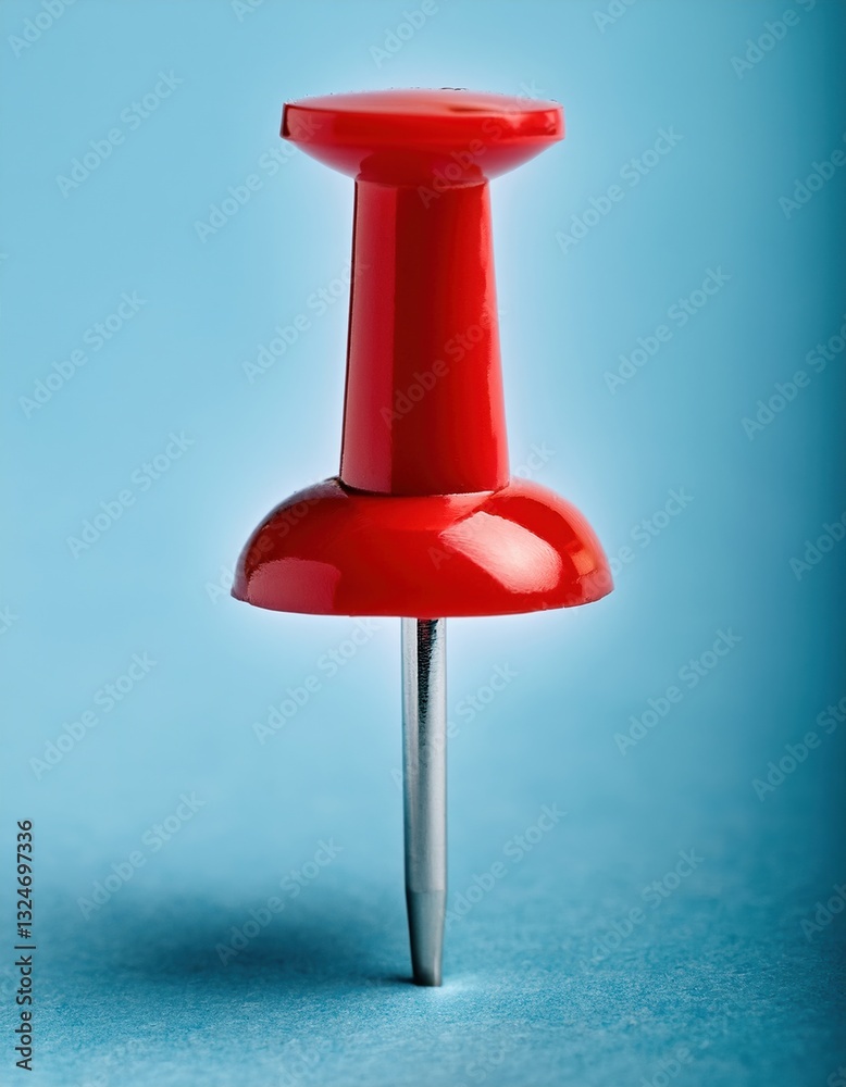 Fototapeta premium Red push pin stands prominently against a light blue background illustrating stationery use