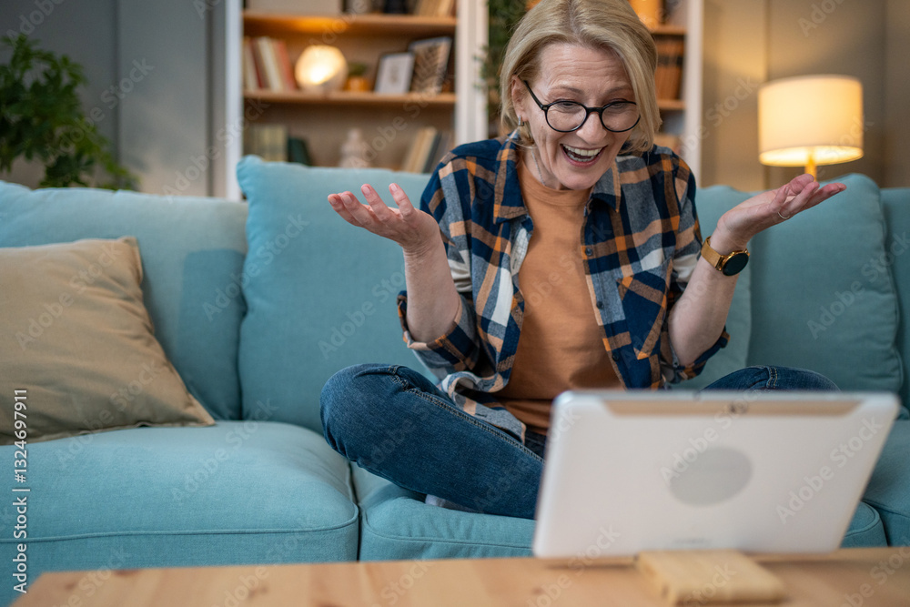 Obraz premium Excited senior woman using tablet for video call at home