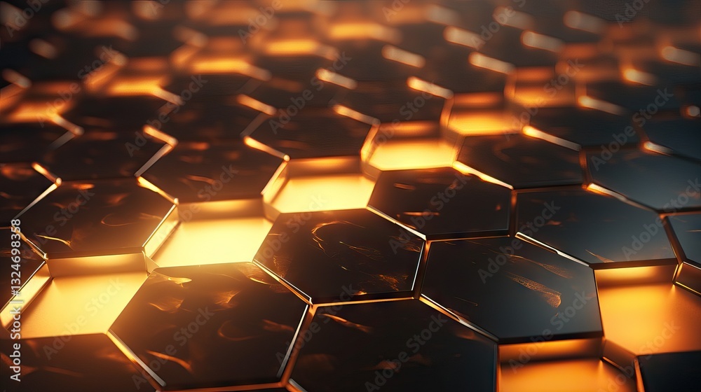 Fototapeta premium Abstract Honeycomb Pattern with Glowing Orange and Black Tiles