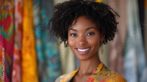 Close-up portrait of a fashion designer, holding fabric samples, studio background