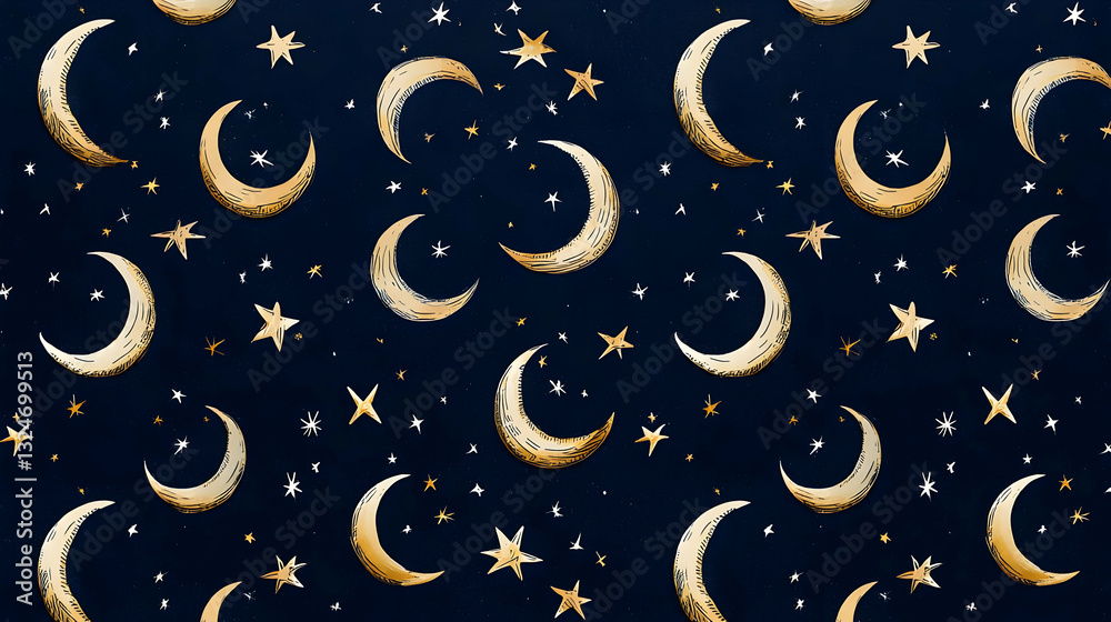 Golden Crescent Moons And Stars On A Dark Blue Night Sky Background Digital Art Illustration Golden Crescent Moons And Stars On A Dark Blue Night Sky Background Digital Art Illustration