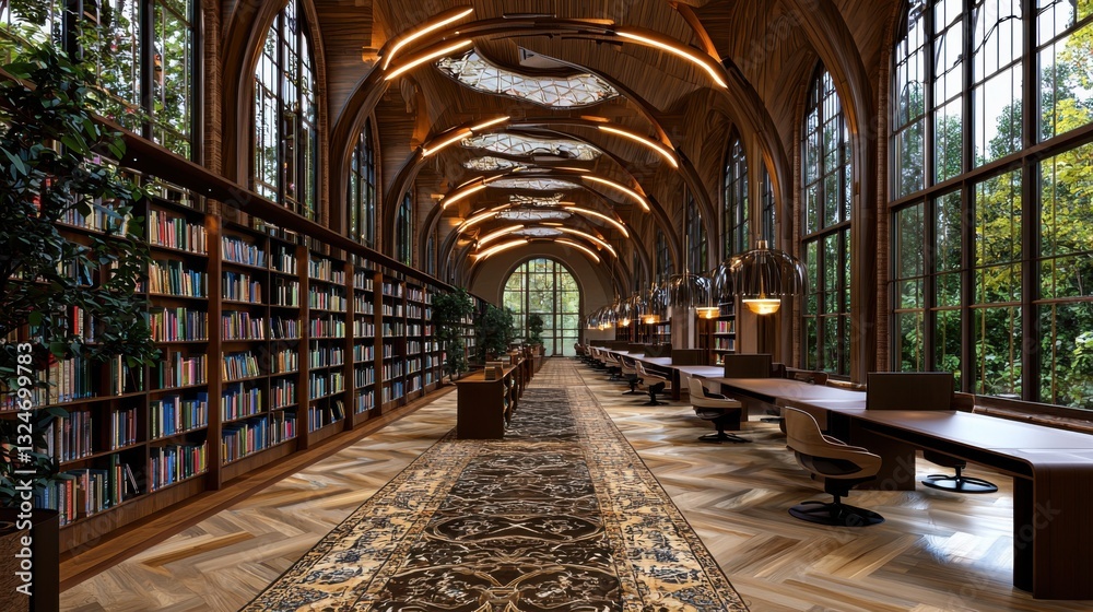 Obraz premium Explore the captivating allure of a classic library with grand bookshelves, a scholarly environment designed to inspire, offering a serene escape for avid readers and researchers alike Immerse