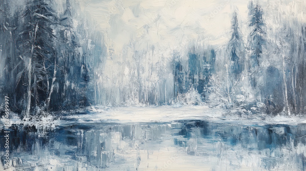 A snowy winter landscape with trees reflecting in the water
