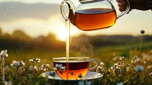 Pouring fresh brewed tea into a glass cup in a blooming flower field at sunset