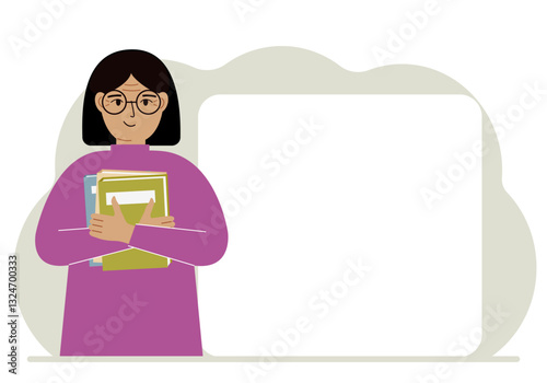 A woman holds a stack of books in his hands. Knowledge or education for future work, personal improvement, reading list. Vector flat illustration