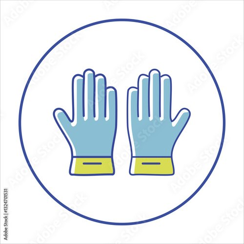 A pair of light-blue gloves with yellow cuffs, encircled