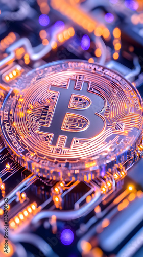 Cryptocurrency coin on a circuit board
