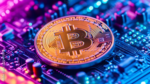 Cryptocurrency coin on circuit board