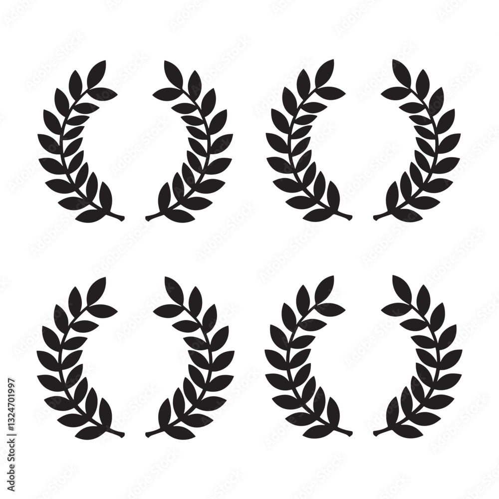 A set of gold laurel wreaths, decorative symbols of victory, with olive branches and wheat leaves, designed as a trophy or award icon in a circular pattern A set of gold laurel wreaths, decorative symbols of victory, with olive branches and wheat leaves, designed as a trophy or award icon in a circular pattern