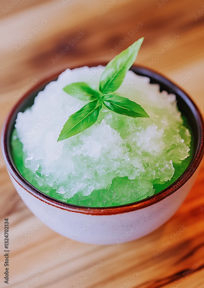 Shaved ice in a bowl, green hue, basil garnish on wooden table Shaved ice in a bowl, green hue, basil garnish on wooden table