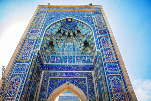 Beautiful Gur-e-Amir Mausoleum in Samarkand, Uzbekistan. Exterior view on sunny day. Guri Amir. With 
