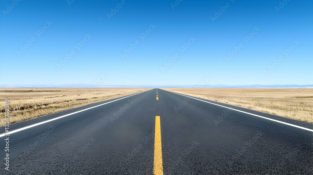 Naklejka premium Straight Asphalt Road Leading To Horizon Under Clear Blue Sky in Desert Landscape